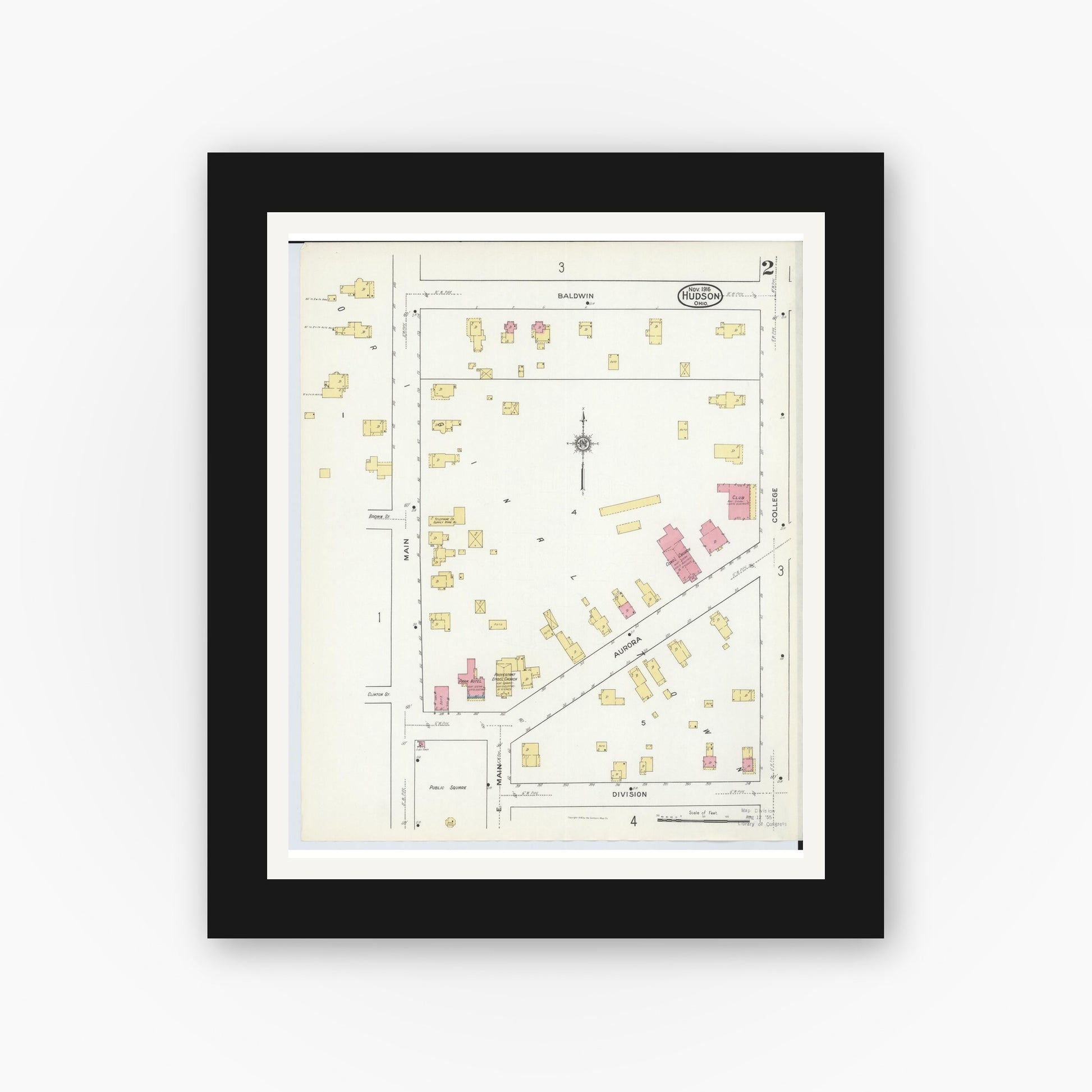 Old map wall art mockup — black gallery frame with white mat — Sanborn Fire Insurance Map from Hudson, Summit County, Ohio (1916), Sheet #0002
