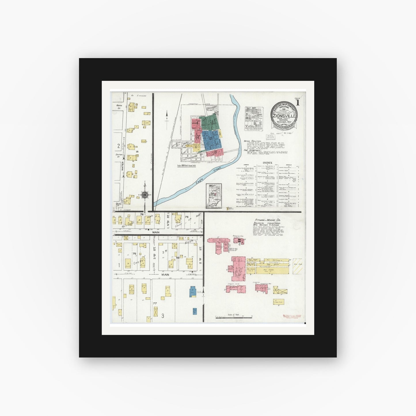 Old map wall art mockup — black gallery frame with white mat — Sanborn Fire Insurance Map from Zionsville, Boone County, Indiana (1922) - Complete Map Set