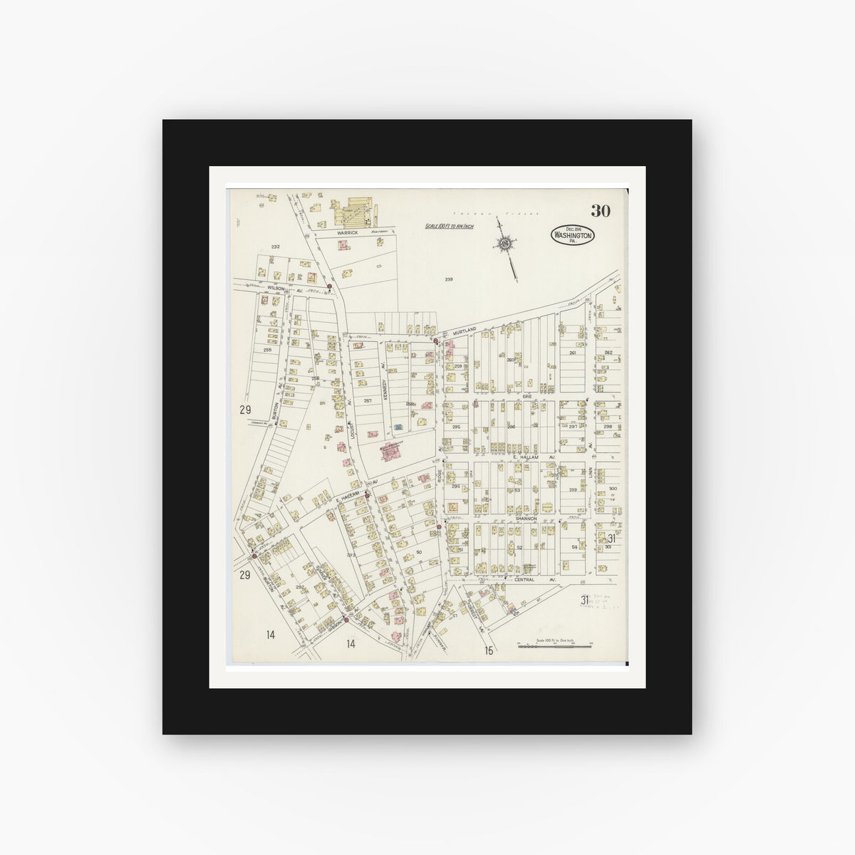 Old map wall art mockup — black gallery frame with white mat — Sanborn Fire Insurance Map from Washington, Washington County, Pennsylvania (1914), Sheet #0030