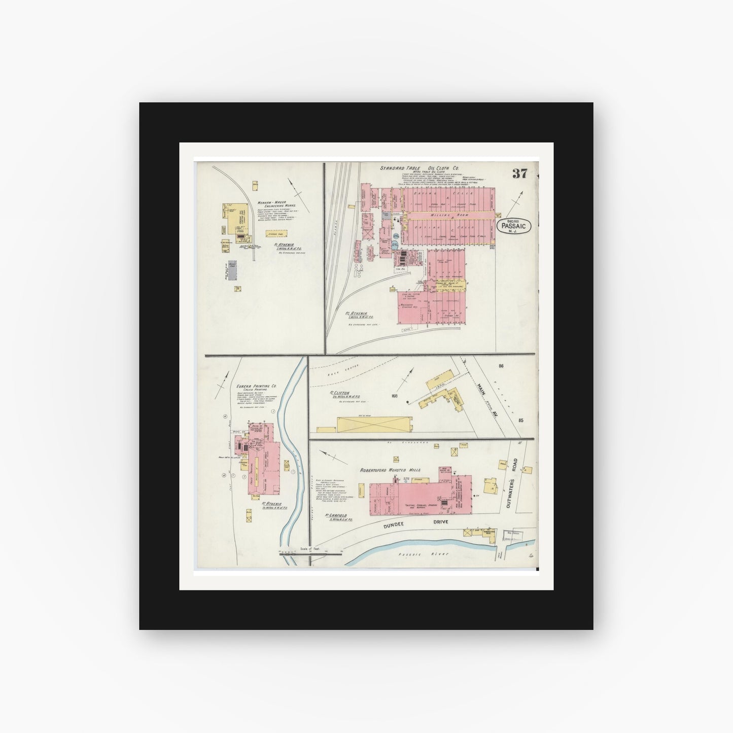 Old map wall art mockup — black gallery frame with white mat — Sanborn Fire Insurance Map from Passaic, Passaic County, New Jersey (1903), Sheet #0037