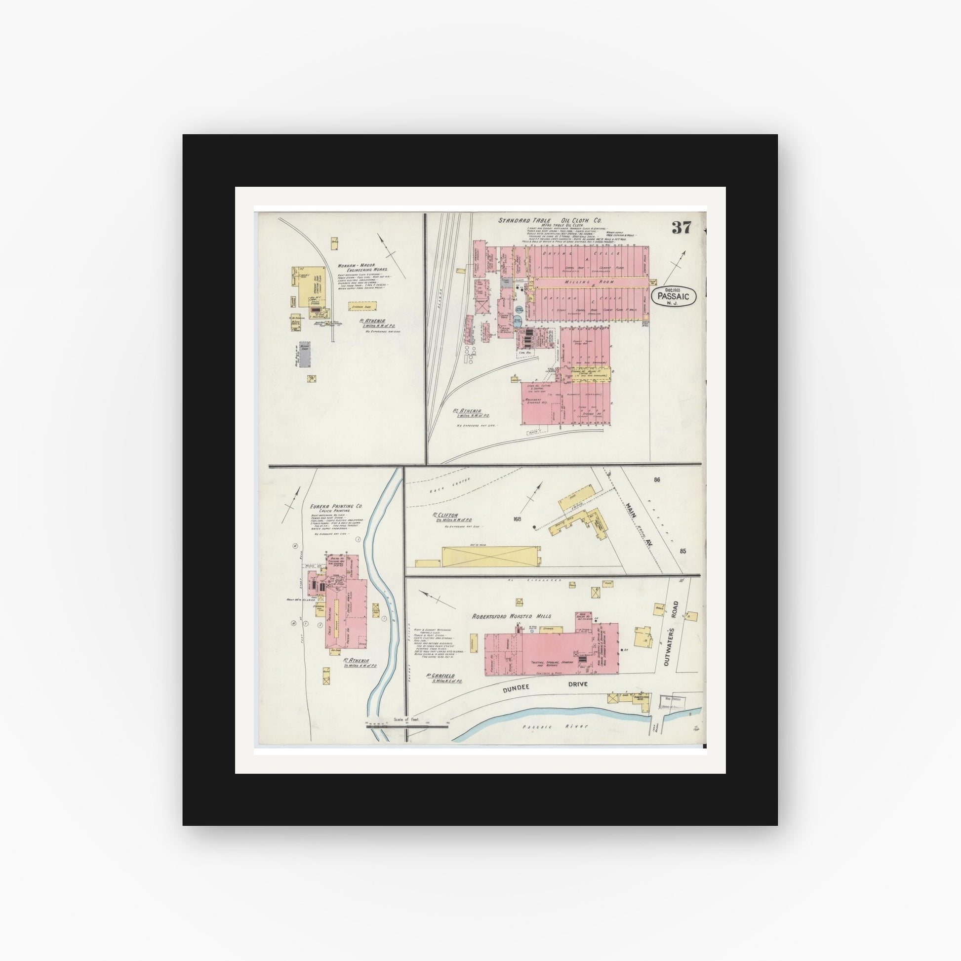 Old map wall art mockup — black gallery frame with white mat — Sanborn Fire Insurance Map from Passaic, Passaic County, New Jersey (1903), Sheet #0037