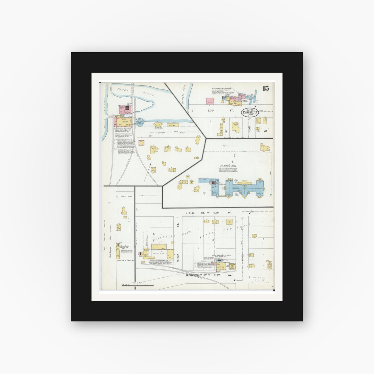 Old map wall art mockup — black gallery frame with white mat — Sanborn Fire Insurance Map from Faribault, Rice County, Minnesota (1899), Sheet #0015