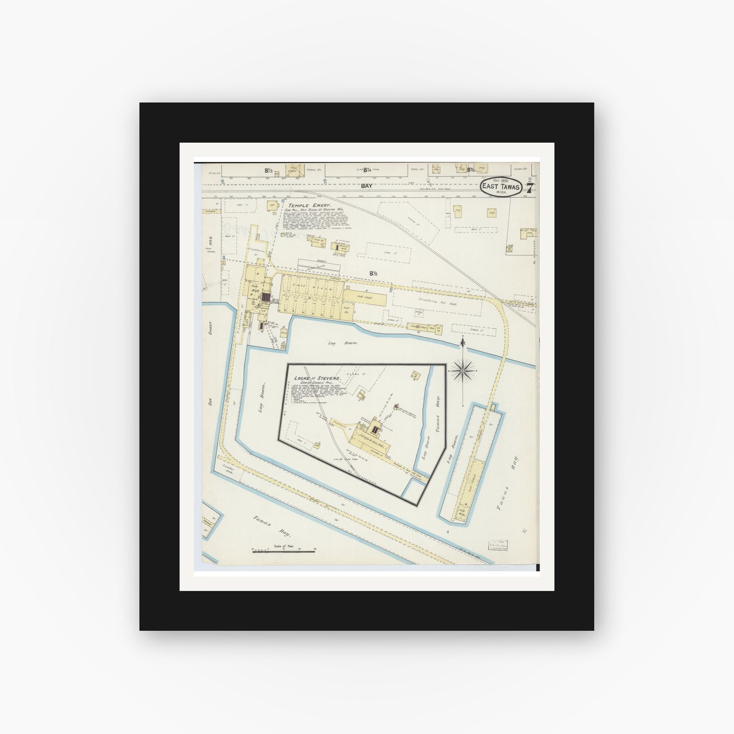 Old map wall art mockup — black gallery frame with white mat — Sanborn Fire Insurance Map from East Tawas, Iosco County, Michigan (1890), Sheet #0007