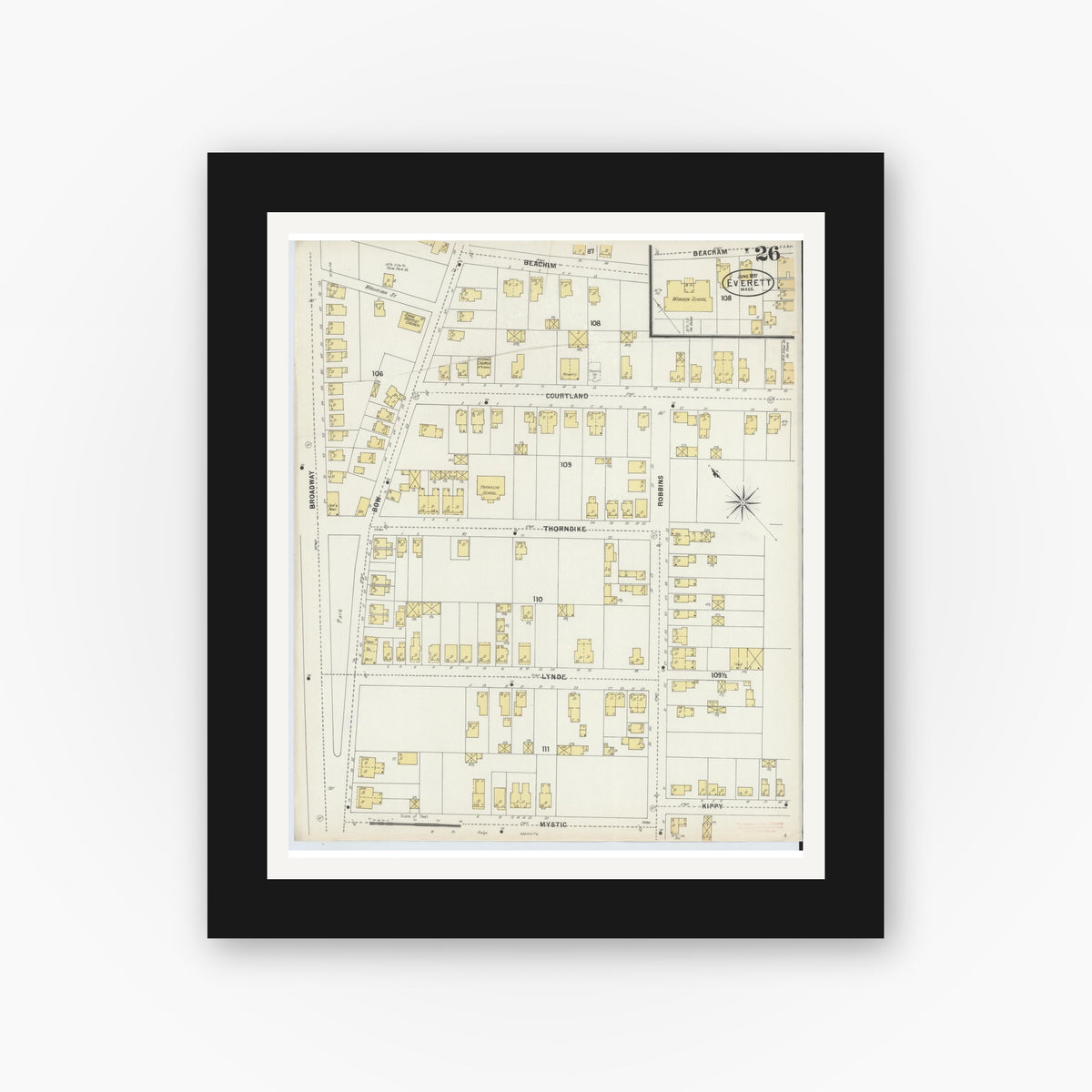Old map wall art mockup — black gallery frame with white mat — Sanborn Fire Insurance Map from Everett, Middlesex County, Massachusetts (1897), Sheet #0026