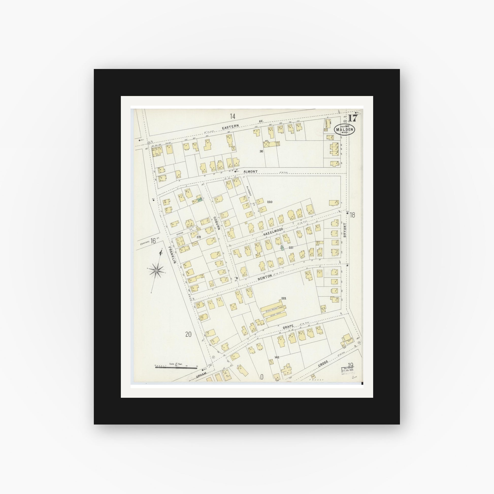 Old map wall art mockup — black gallery frame with white mat — Sanborn Fire Insurance Map from Malden, Middlesex County, Massachusetts (1897), Sheet #0017