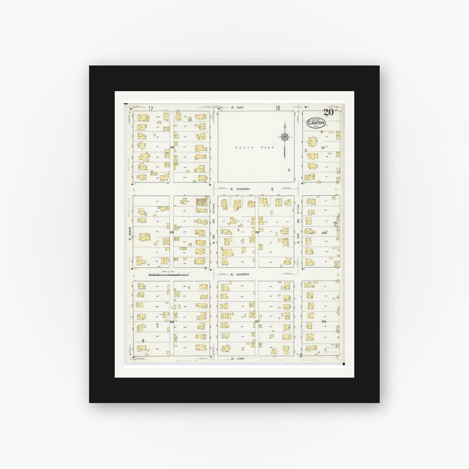 Old map wall art mockup — black gallery frame with white mat — Sanborn Fire Insurance Map from Canton, Fulton County, Illinois (1917), Sheet #0020