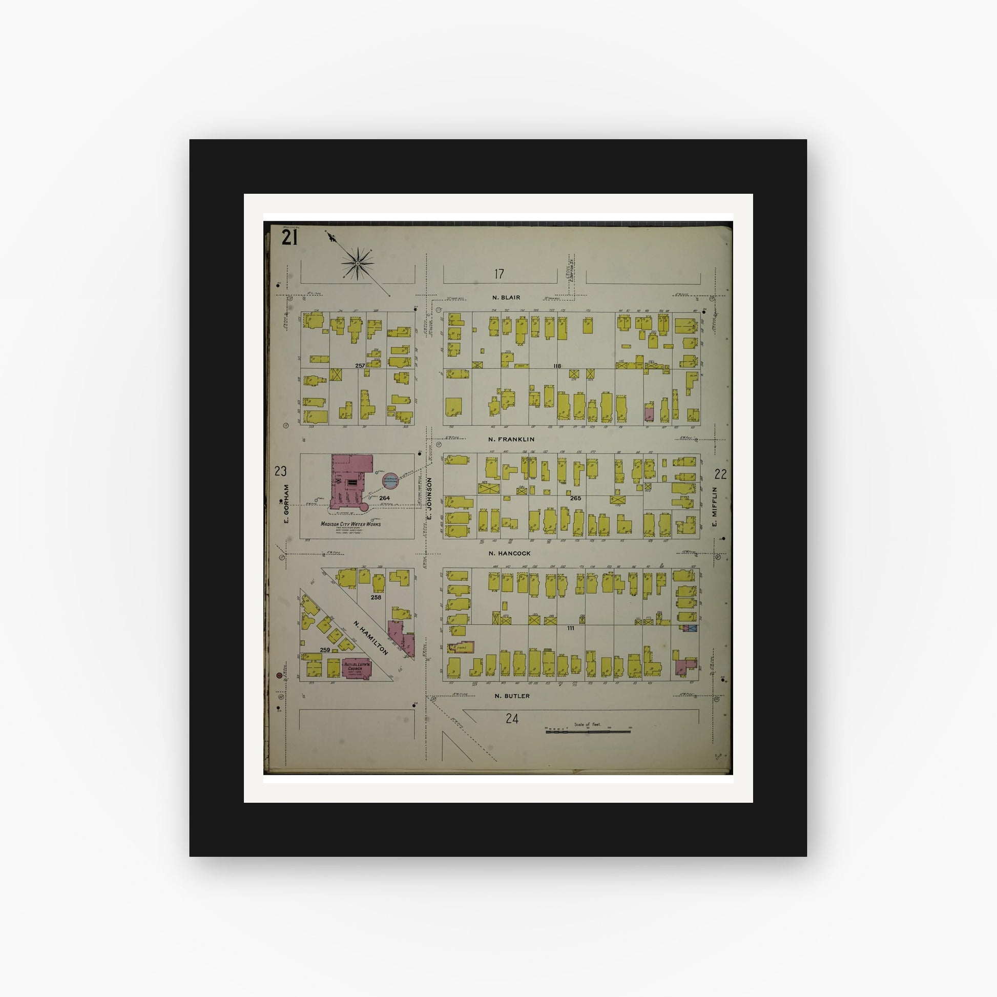 Old map wall art mockup — black gallery frame with white mat — Sanborn Fire Insurance Map from Madison, Dane County, Wisconsin (1908), Sheet #0021