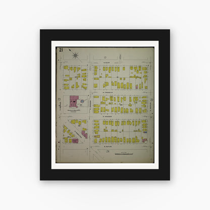 Old map wall art mockup — black gallery frame with white mat — Sanborn Fire Insurance Map from Madison, Dane County, Wisconsin (1908), Sheet #0021