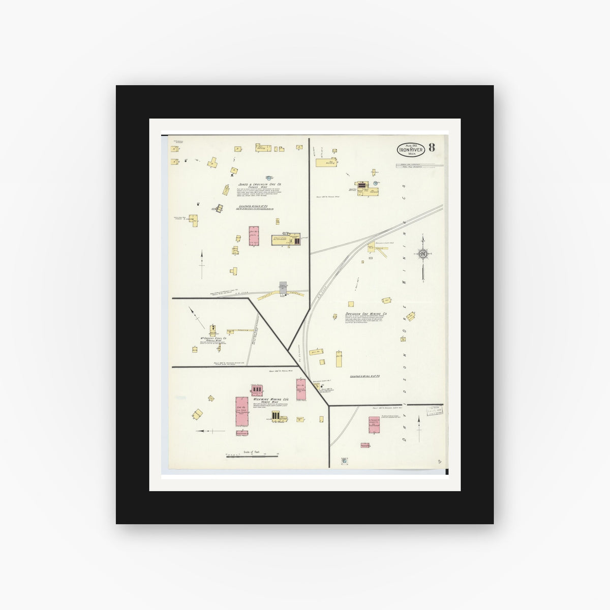 Old map wall art mockup — black gallery frame with white mat — Sanborn Fire Insurance Map from Iron River, Iron County, Michigan (1913), Sheet #0008