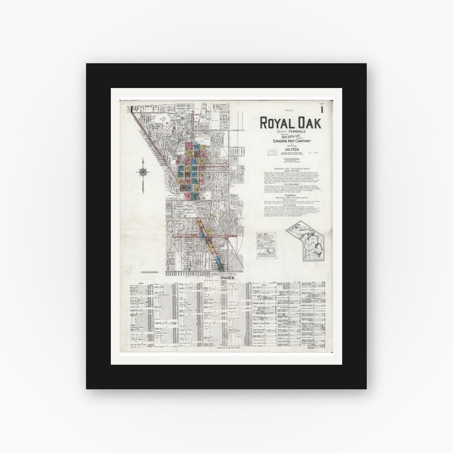 Old map wall art mockup — black gallery frame with white mat — Sanborn Fire Insurance Map from Royal Oak, Oakland County, Michigan (1926) - Complete Map Set