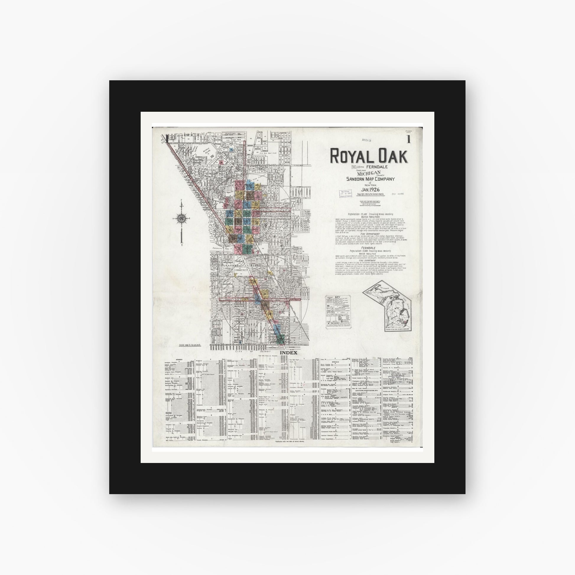 Old map wall art mockup — black gallery frame with white mat — Sanborn Fire Insurance Map from Royal Oak, Oakland County, Michigan (1926) - Complete Map Set