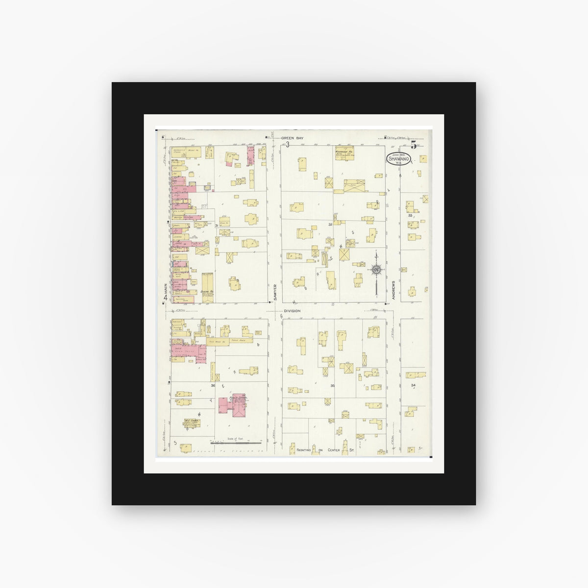 Old map wall art mockup — black gallery frame with white mat — Sanborn Fire Insurance Map from Shawano, Shawano County, Wisconsin (1913), Sheet #0005
