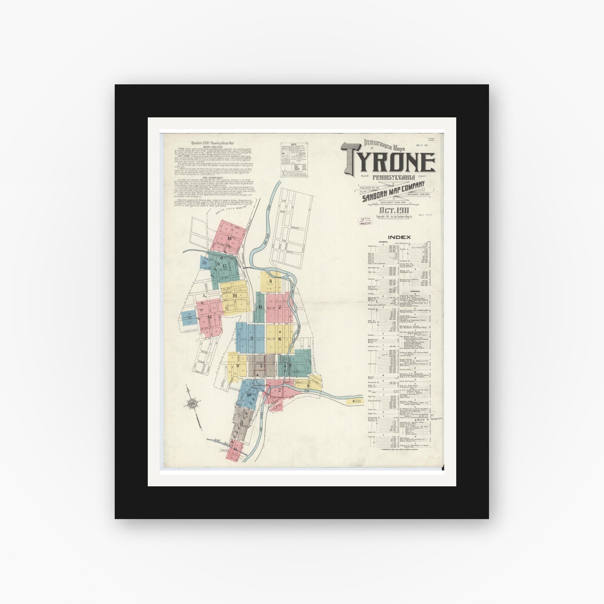 Old map wall art mockup — black gallery frame with white mat — Sanborn Fire Insurance Map from Tyrone, Blair County, Pennsylvania (1911), Sheet #0001