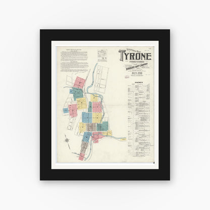 Old map wall art mockup — black gallery frame with white mat — Sanborn Fire Insurance Map from Tyrone, Blair County, Pennsylvania (1911), Sheet #0001