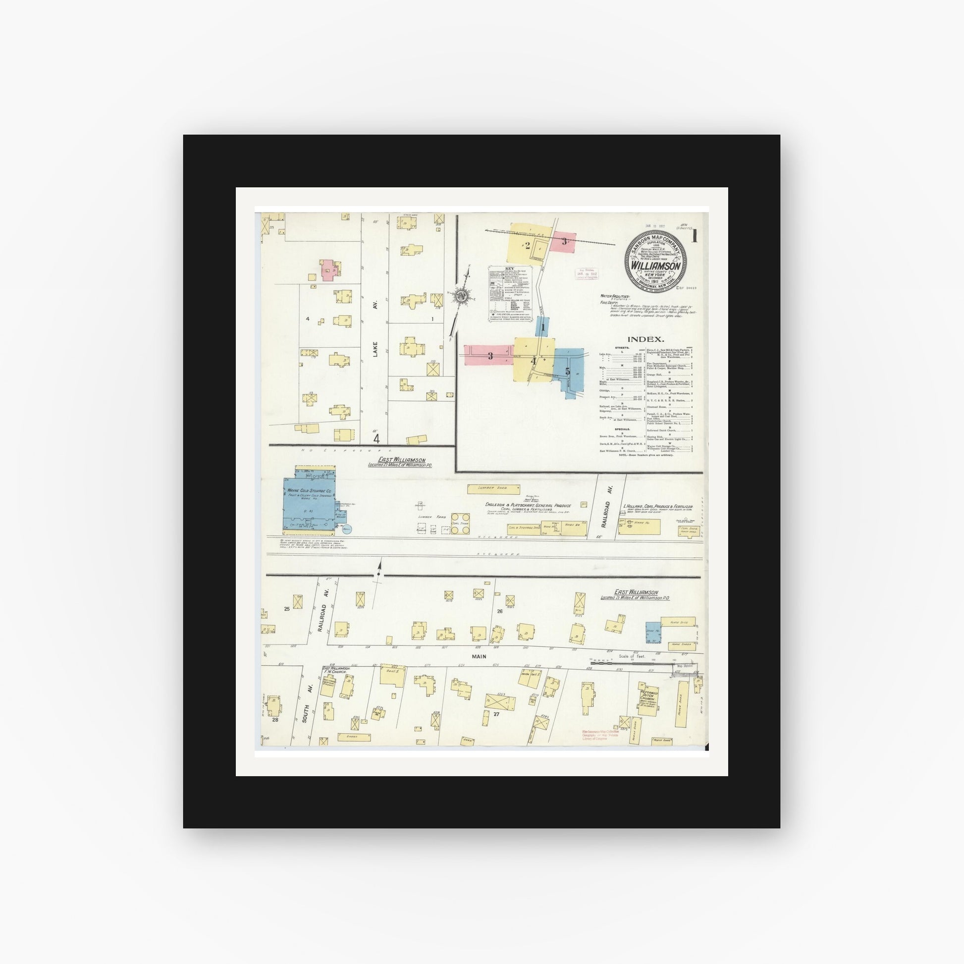 Old map wall art mockup — black gallery frame with white mat — Sanborn Fire Insurance Map from Williamson, Wayne County, New York (1911) - Complete Map Set