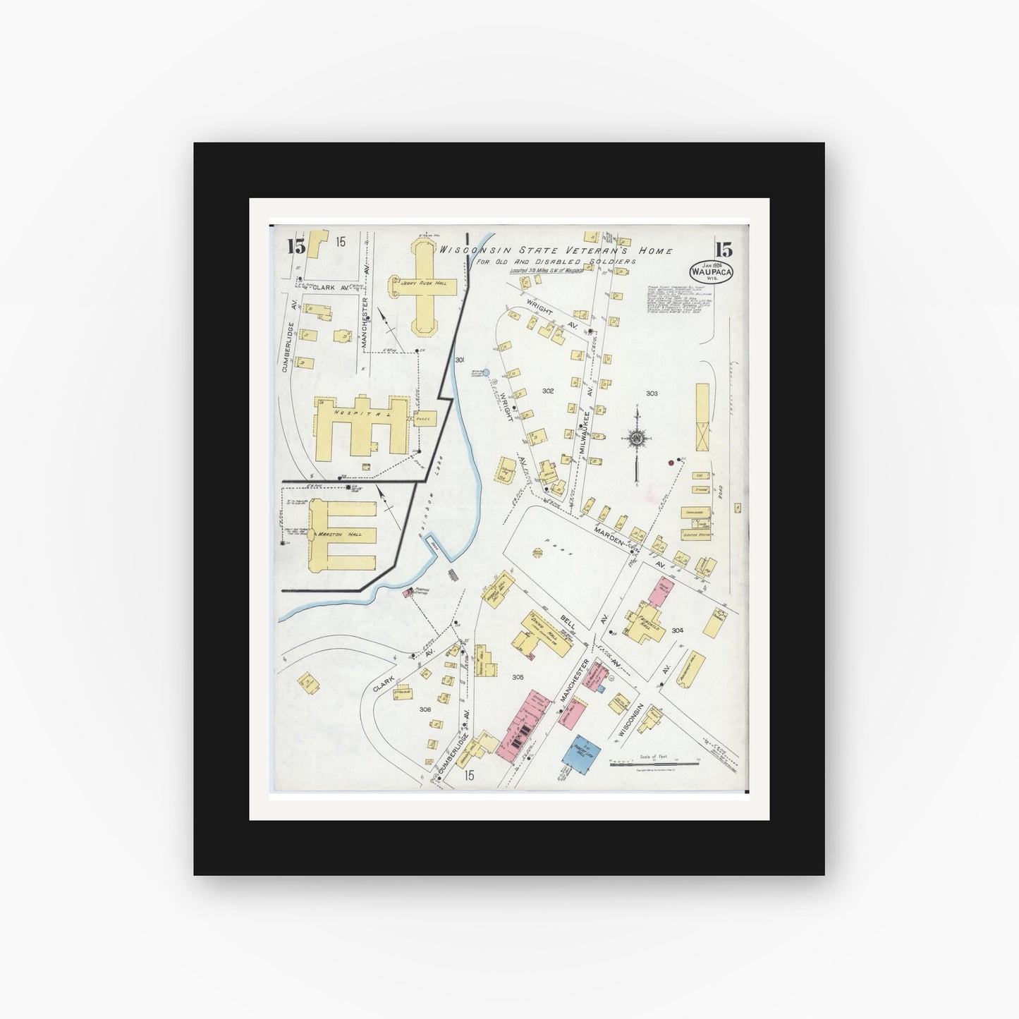 Old map wall art mockup — black gallery frame with white mat — Sanborn Fire Insurance Map from Waupaca, Waupaca County, Wisconsin (1924), Sheet #0015