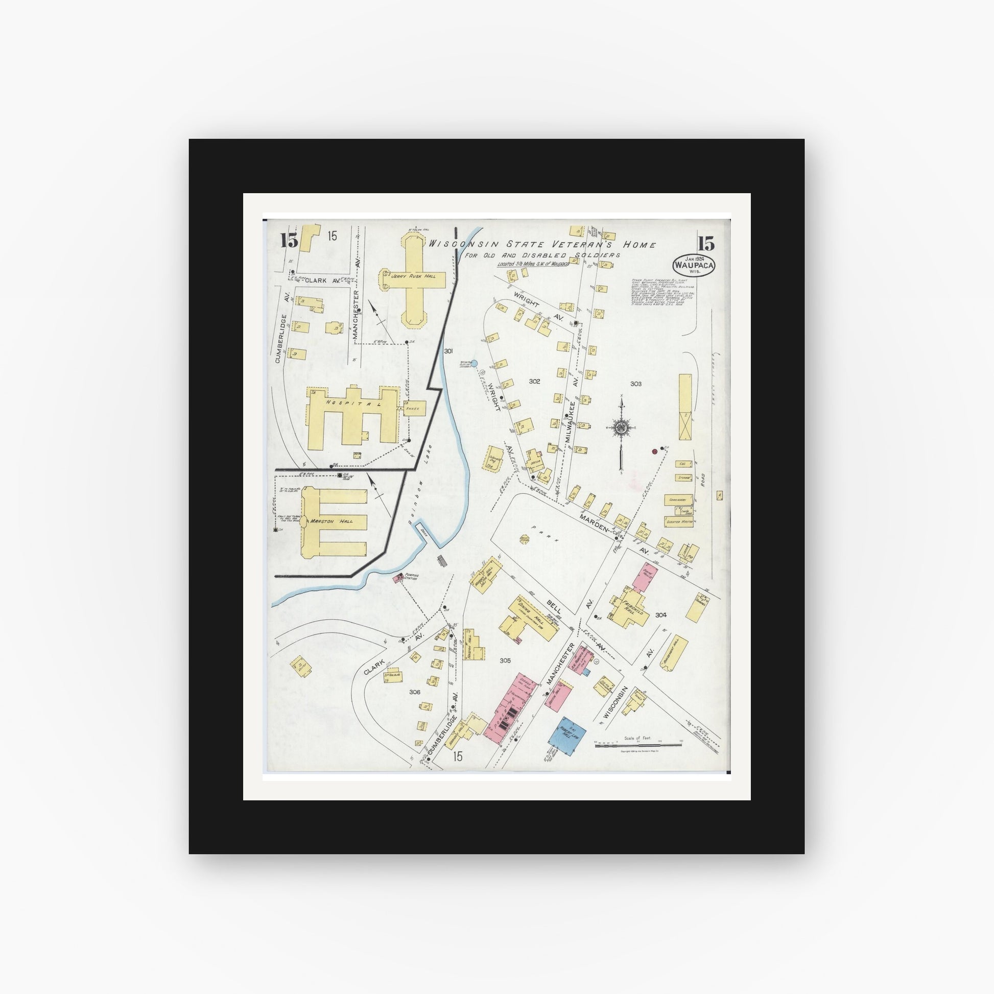 Old map wall art mockup — black gallery frame with white mat — Sanborn Fire Insurance Map from Waupaca, Waupaca County, Wisconsin (1924), Sheet #0015