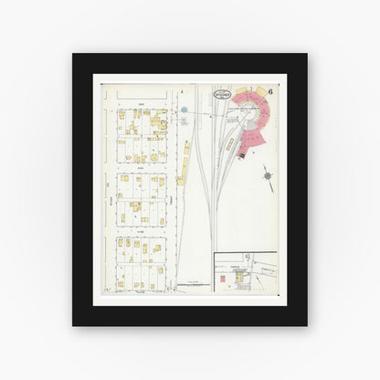 Old map wall art mockup — black gallery frame with white mat — Sanborn Fire Insurance Map from Spooner, Washburn County, Wisconsin (1917), Sheet #0006