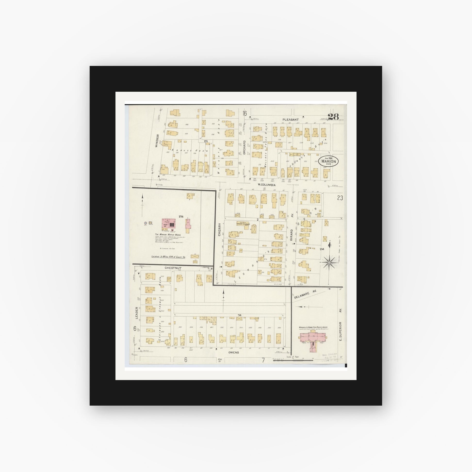 Old map wall art mockup — black gallery frame with white mat — Sanborn Fire Insurance Map from Marion, Marion County, Ohio (1908), Sheet #0028