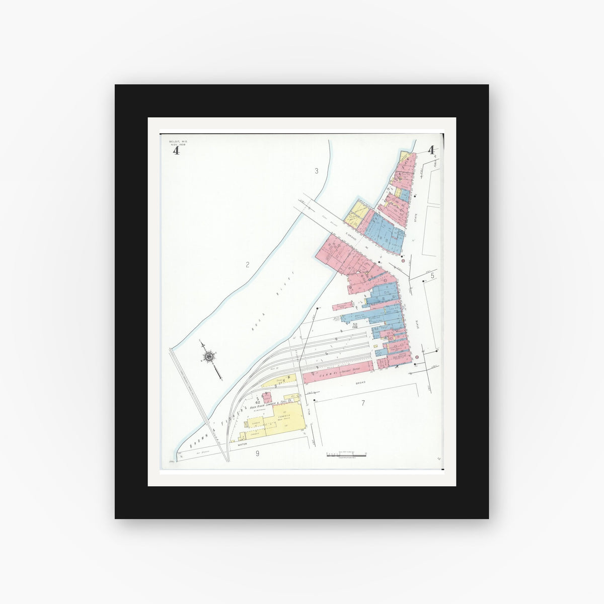 Old map wall art mockup — black gallery frame with white mat — Sanborn Fire Insurance Map from Beloit, Rock County, Wisconsin (1939), Sheet #0004