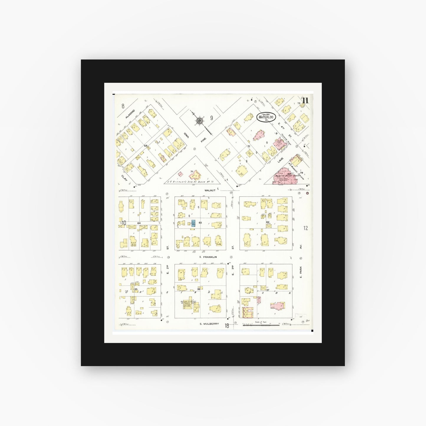 Old map wall art mockup — black gallery frame with white mat — Sanborn Fire Insurance Map from Waterloo, Black Hawk County, Iowa (1910), Sheet #0011