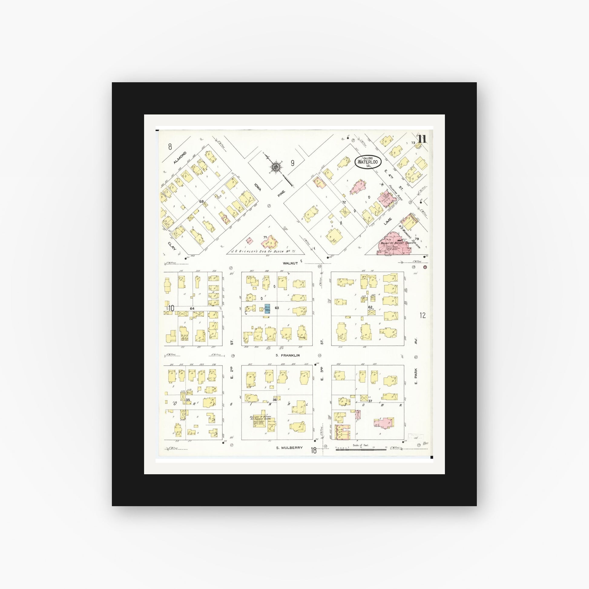 Old map wall art mockup — black gallery frame with white mat — Sanborn Fire Insurance Map from Waterloo, Black Hawk County, Iowa (1910), Sheet #0011
