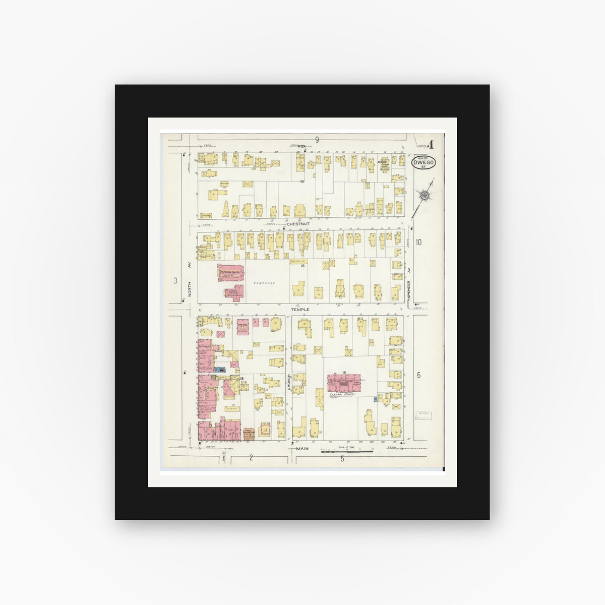 Old map wall art mockup — black gallery frame with white mat — Sanborn Fire Insurance Map from Owego, Tioga County, New York (1915), Sheet #0004