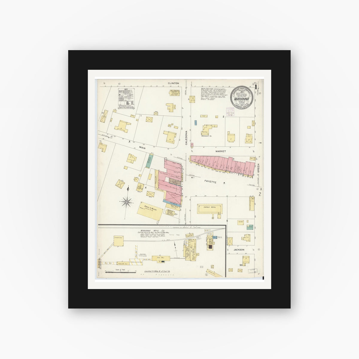 Old map wall art mockup — black gallery frame with white mat — Sanborn Fire Insurance Map from Marianna, Jackson County, Florida (1907), Sheet #0001