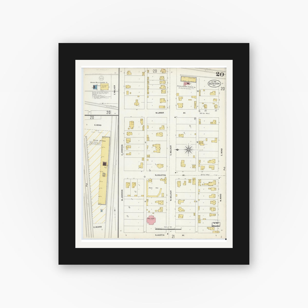 Old map wall art mockup — black gallery frame with white mat — Sanborn Fire Insurance Map from Denison, Grayson County, Texas (1903), Sheet #0020