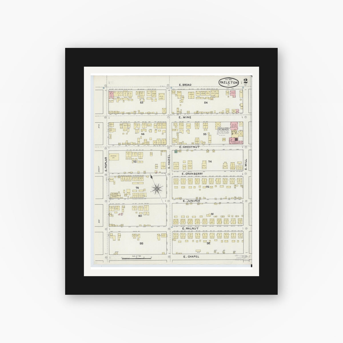 Old map wall art mockup — black gallery frame with white mat — Sanborn Fire Insurance Map from Hazleton, Luzerne County, Pennsylvania (1891), Sheet #0002
