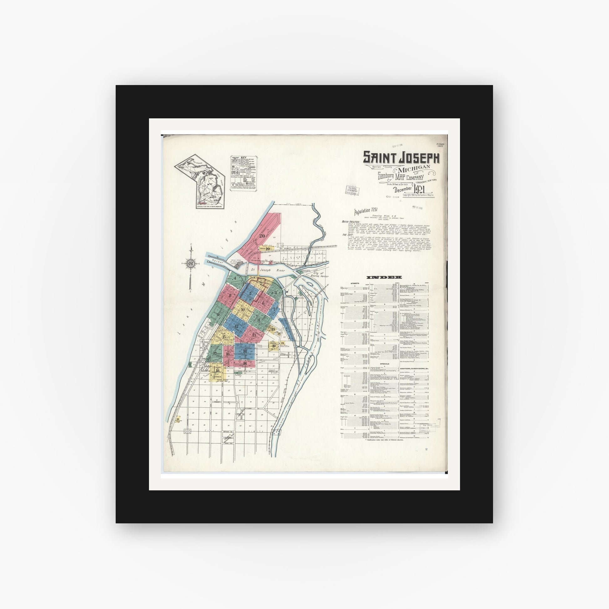 Old map wall art mockup — black gallery frame with white mat — Sanborn Fire Insurance Map from Saint Joseph, Berrien County, Michigan (1921) - Complete Map Set