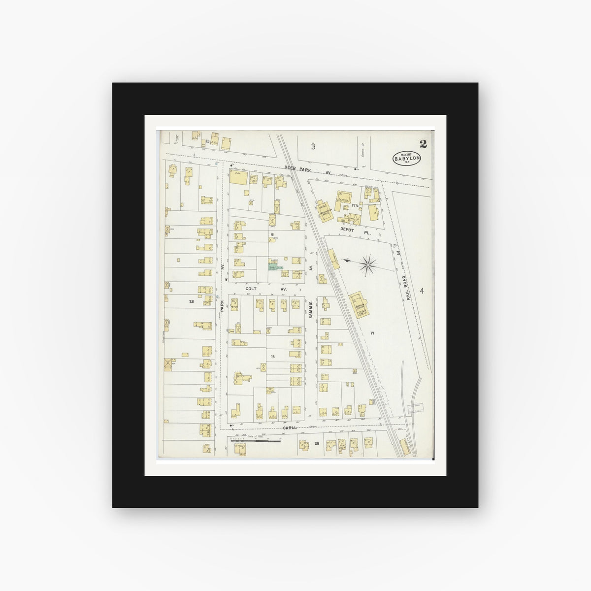Old map wall art mockup — black gallery frame with white mat — Sanborn Fire Insurance Map from Babylon, Suffolk County, New York (1897), Sheet #0002