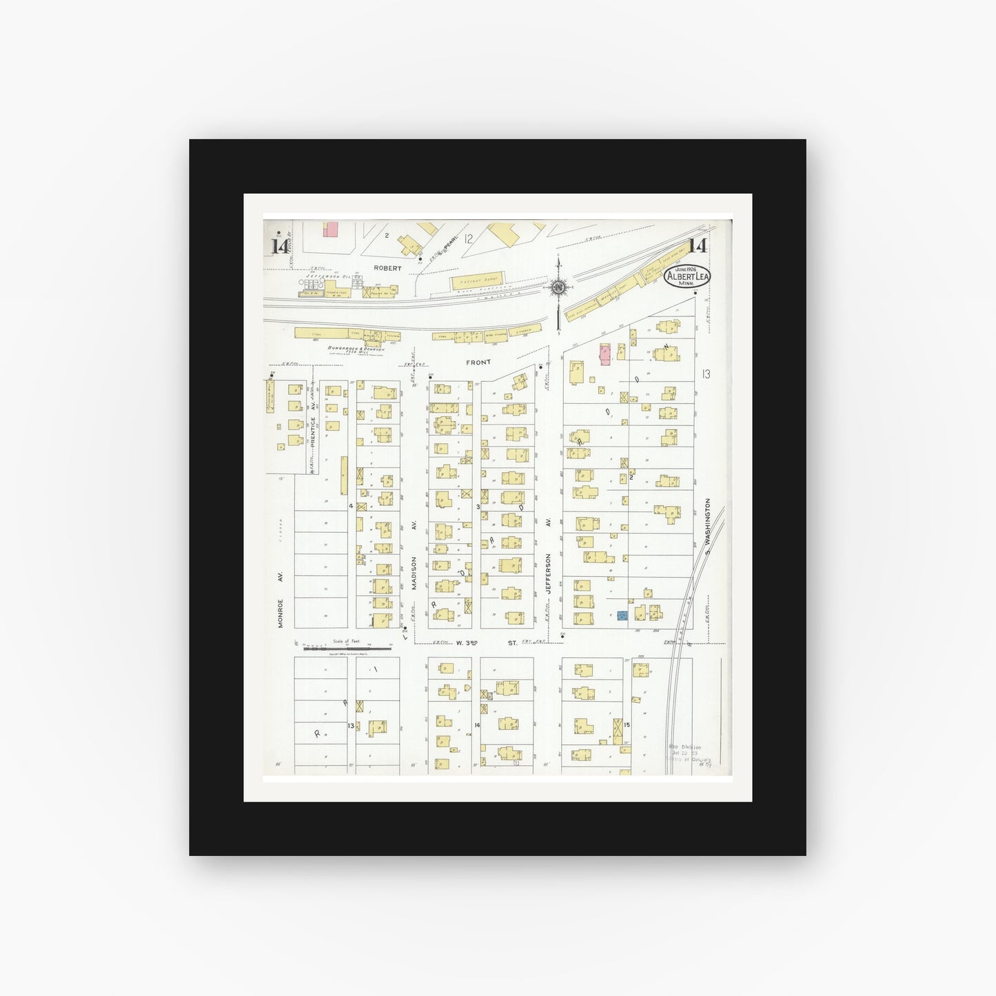 Old map wall art mockup — black gallery frame with white mat — Sanborn Fire Insurance Map from Albert Lea, Freeborn County, Minnesota (1926), Sheet #0014