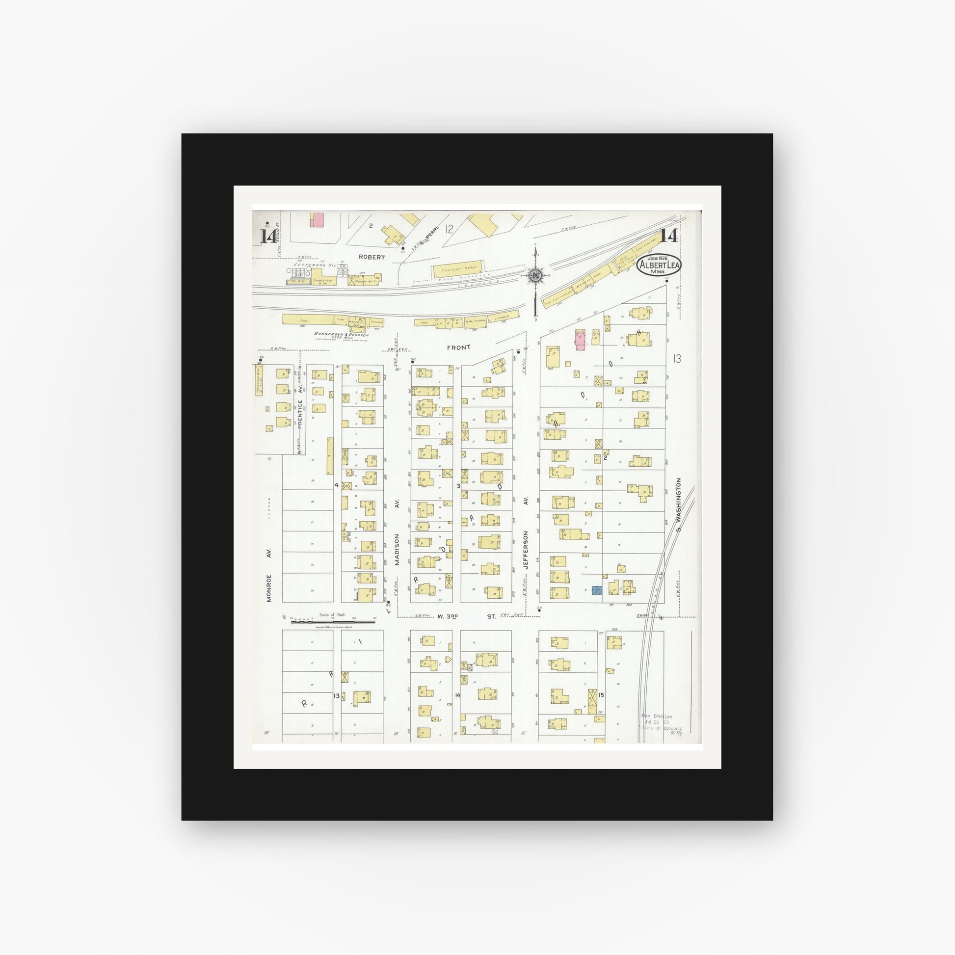 Old map wall art mockup — black gallery frame with white mat — Sanborn Fire Insurance Map from Albert Lea, Freeborn County, Minnesota (1926), Sheet #0014