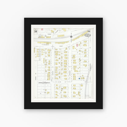 Old map wall art mockup — black gallery frame with white mat — Sanborn Fire Insurance Map from Albert Lea, Freeborn County, Minnesota (1926), Sheet #0014