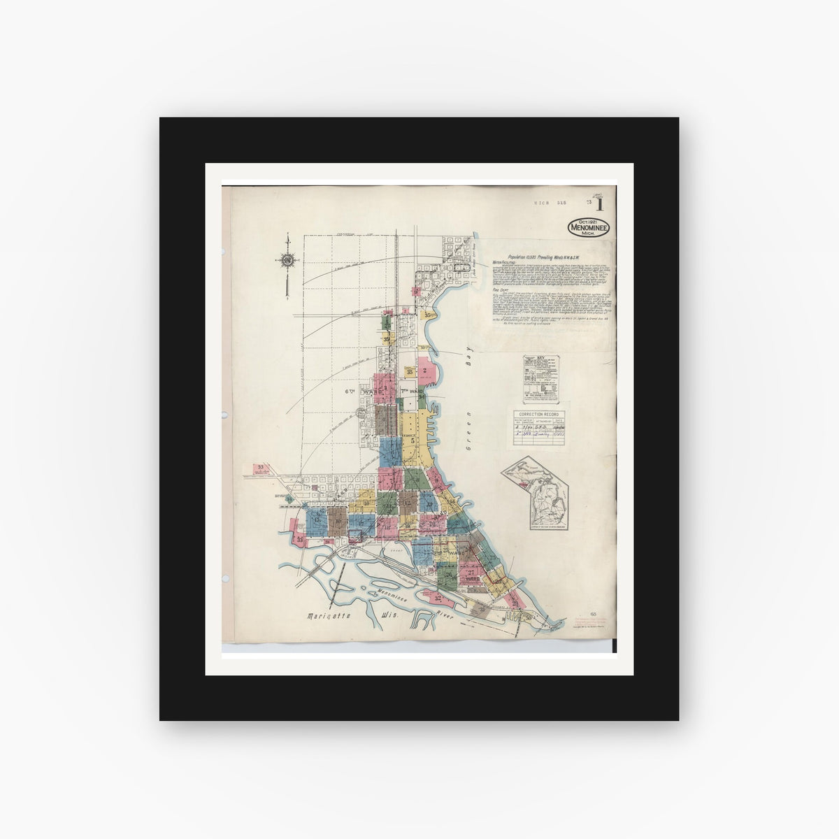Old map wall art mockup — black gallery frame with white mat — Sanborn Fire Insurance Map from Menominee, Menominee County, Michigan (1950), Sheet #0001