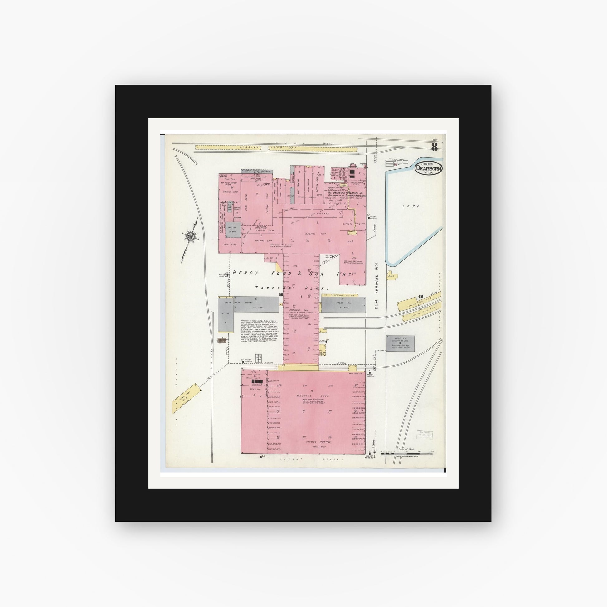 Old map wall art mockup — black gallery frame with white mat — Sanborn Fire Insurance Map from Dearborn, Wayne County, Michigan (1921), Sheet #0008