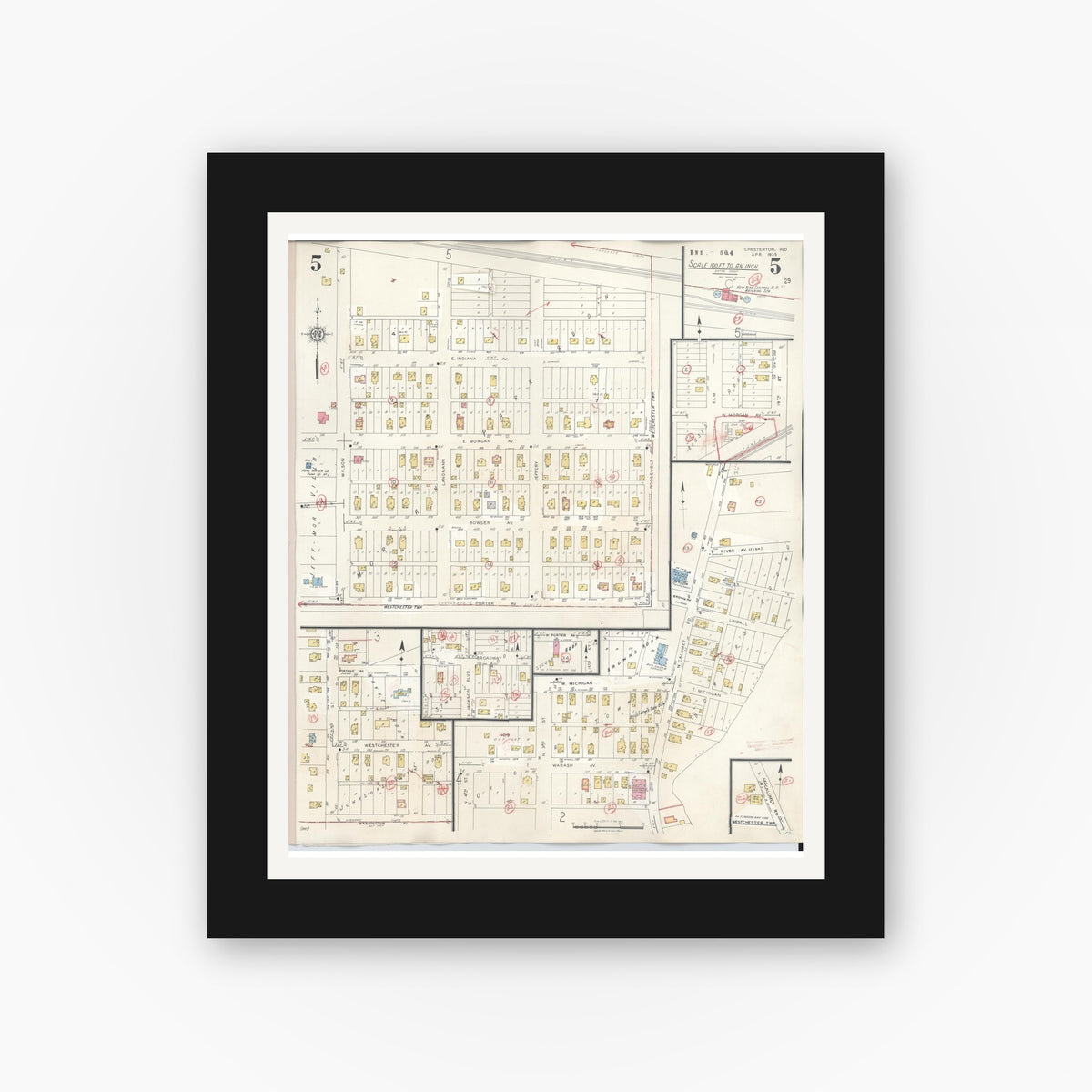 Old map wall art mockup — black gallery frame with white mat — Sanborn Fire Insurance Map from Chesterton, Porter County, Indiana (1951), Sheet #0005