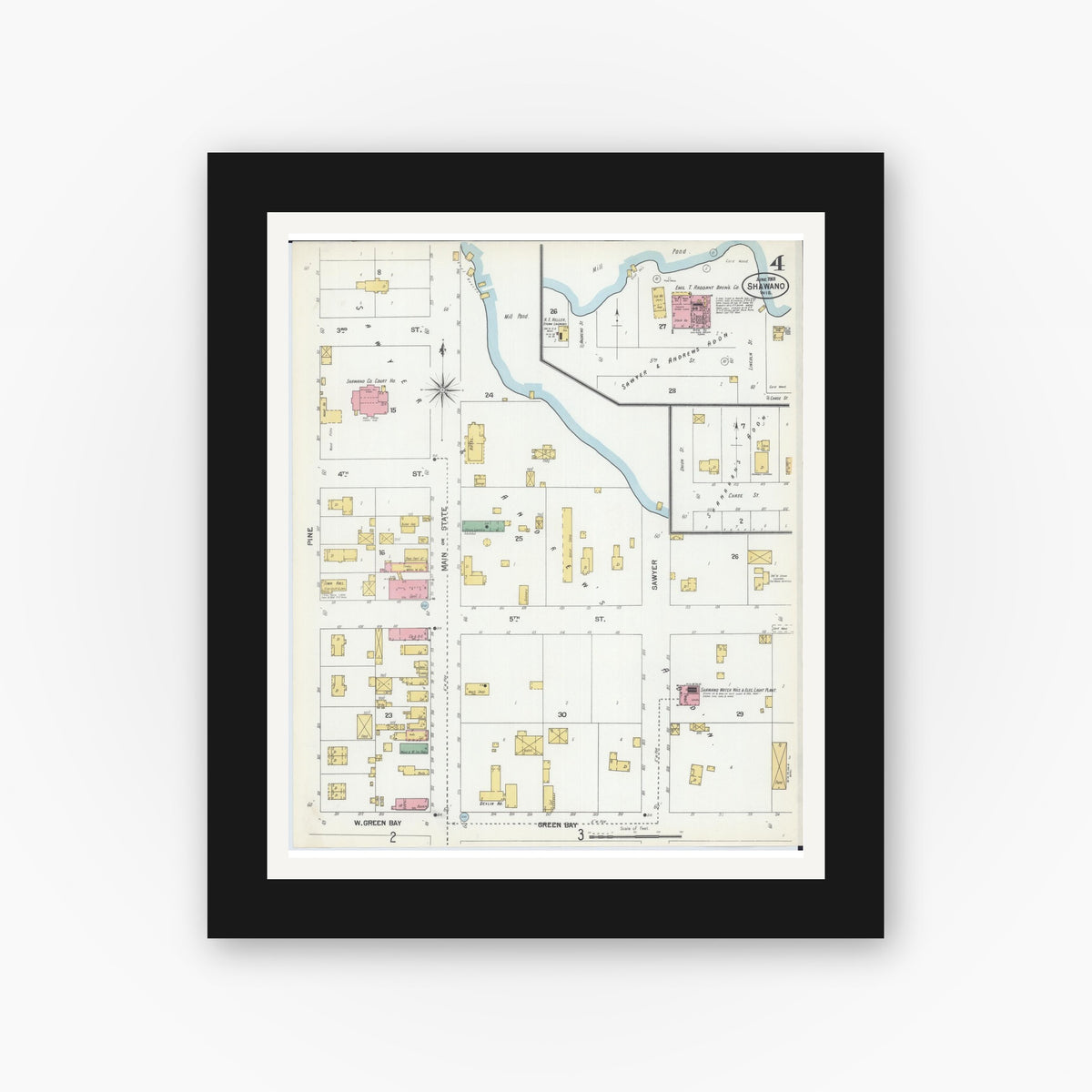 Old map wall art mockup — black gallery frame with white mat — Sanborn Fire Insurance Map from Shawano, Shawano County, Wisconsin (1901), Sheet #0004