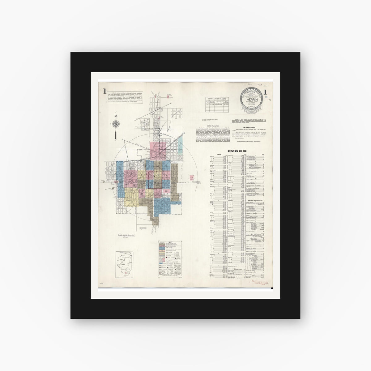 Old map wall art mockup — black gallery frame with white mat — Sanborn Fire Insurance Map from Herrin, Williamson County, Illinois (1947) - Complete Map Set