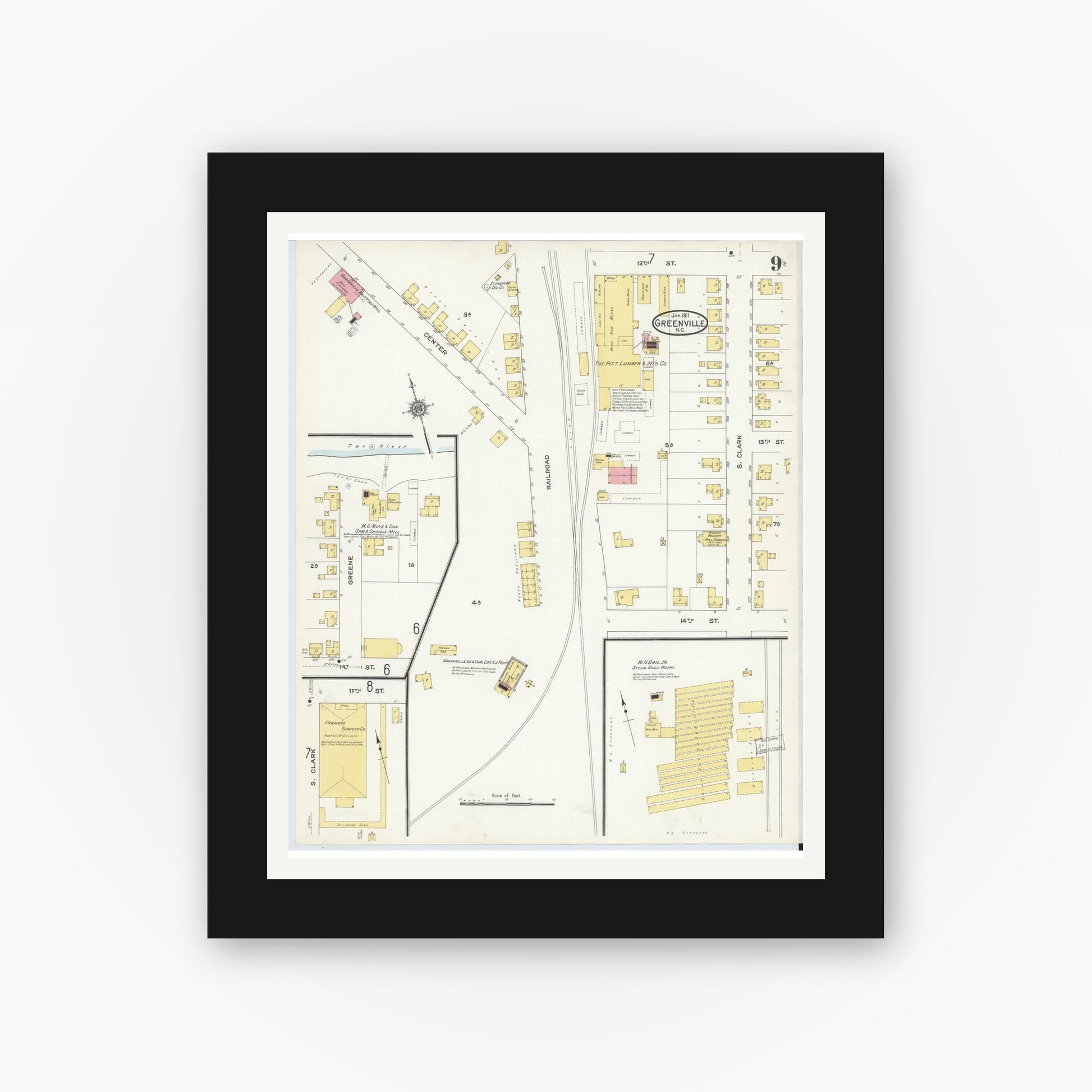 Old map wall art mockup — black gallery frame with white mat — Sanborn Fire Insurance Map from Greenville, Pitt County, North Carolina (1911), Sheet #0009