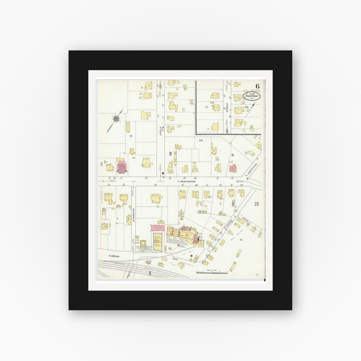 Old map wall art mockup — black gallery frame with white mat — Sanborn Fire Insurance Map from High Point, Guilford County, North Carolina (1911), Sheet #0006