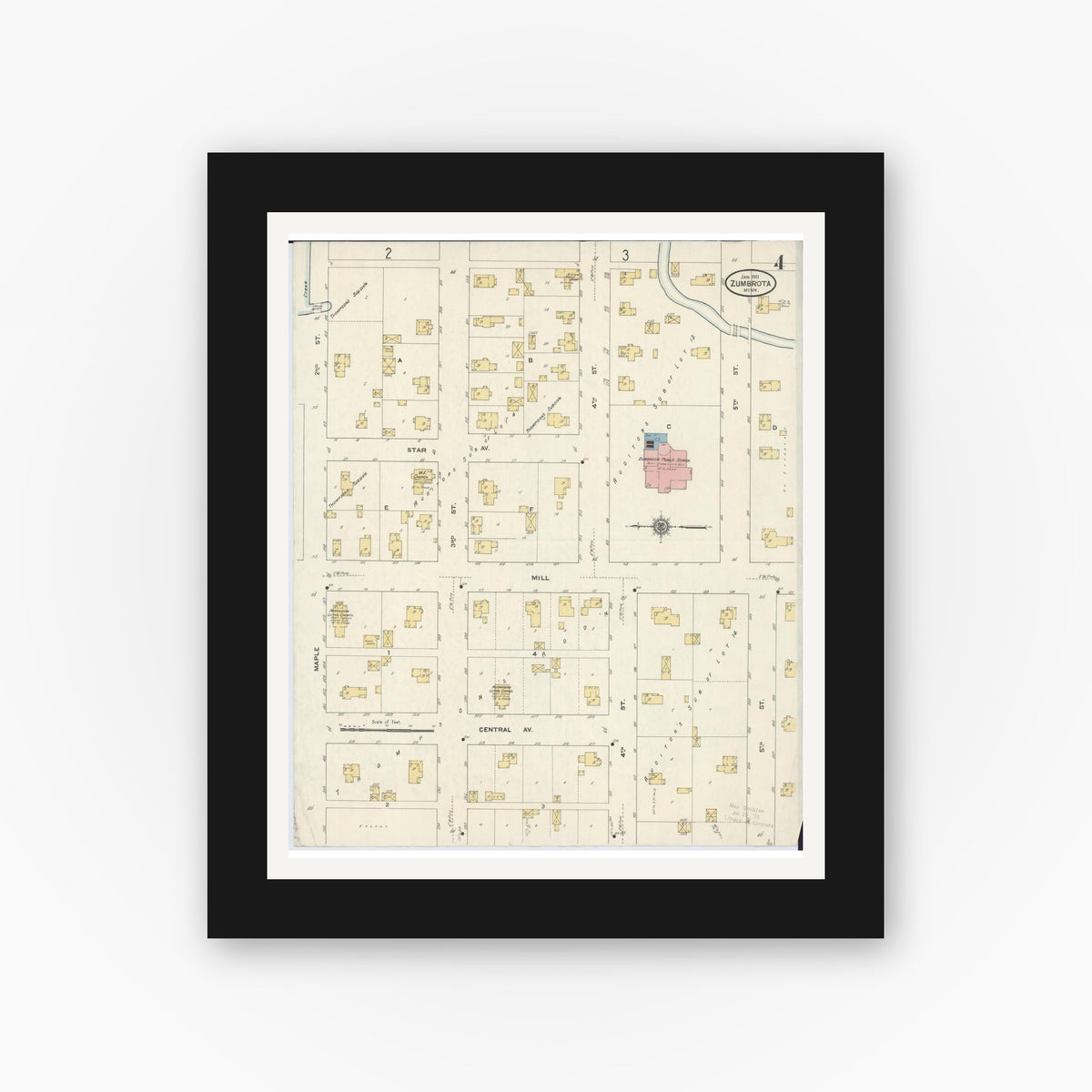 Old map wall art mockup — black gallery frame with white mat — Sanborn Fire Insurance Map from Zumbrota, Goodhue County, Minnesota (1911), Sheet #0004