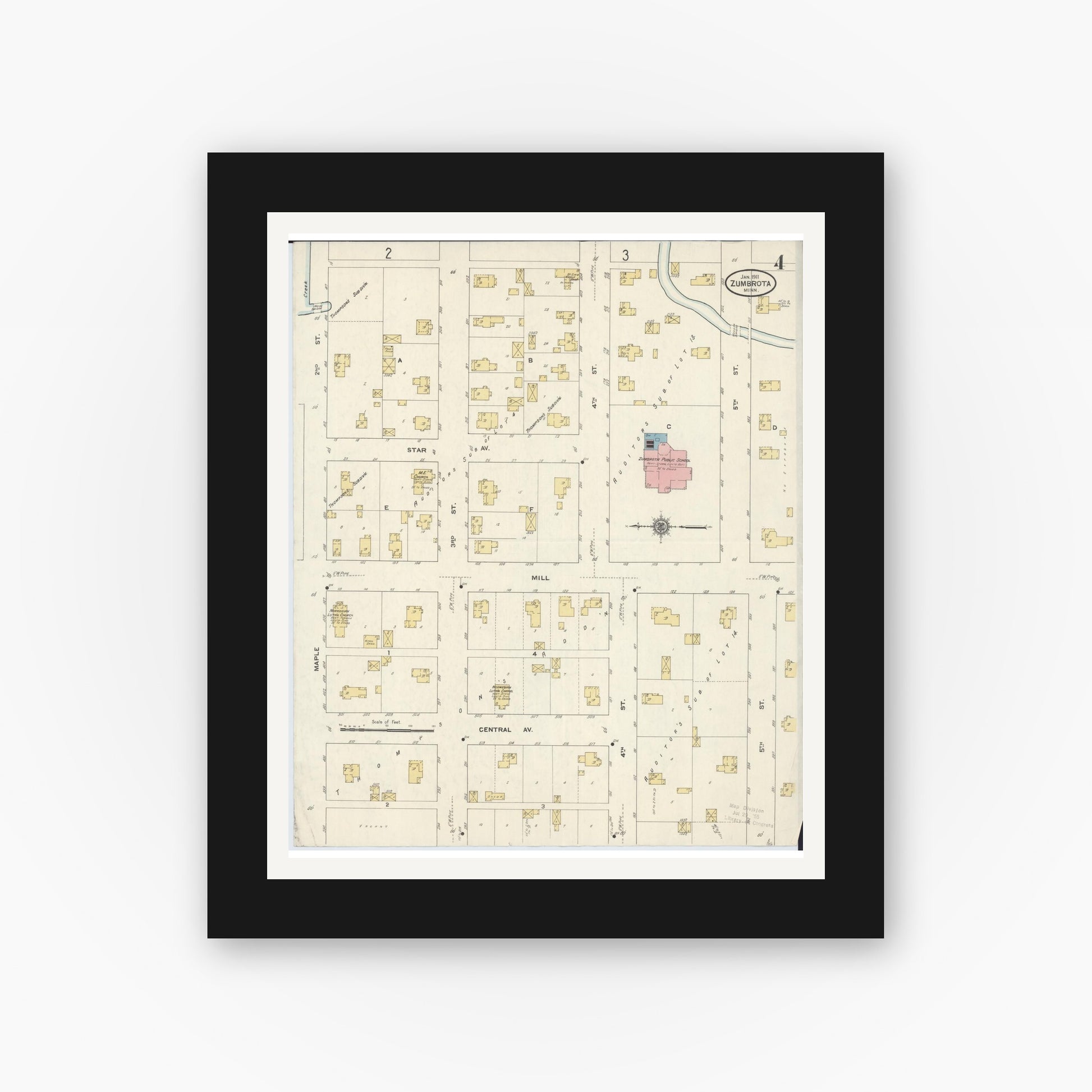 Old map wall art mockup — black gallery frame with white mat — Sanborn Fire Insurance Map from Zumbrota, Goodhue County, Minnesota (1911), Sheet #0004