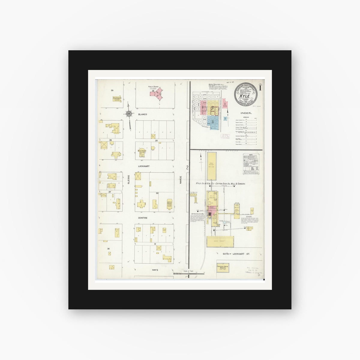 Old map wall art mockup — black gallery frame with white mat — Sanborn Fire Insurance Map from Kyle, Hays County, Texas (1912), Sheet #0001