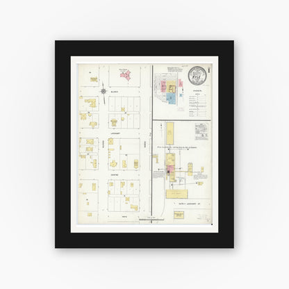 Old map wall art mockup — black gallery frame with white mat — Sanborn Fire Insurance Map from Kyle, Hays County, Texas (1912), Sheet #0001