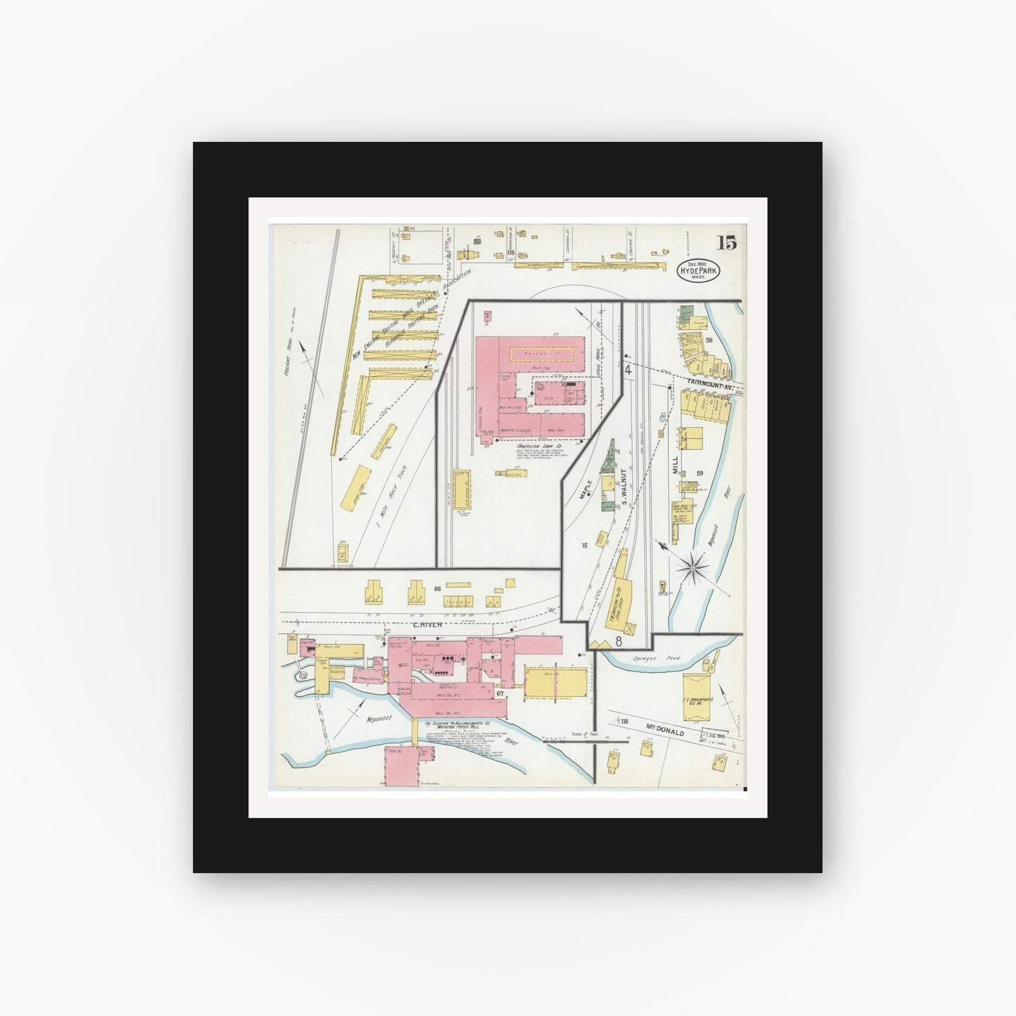 Old map wall art mockup — black gallery frame with white mat — Sanborn Fire Insurance Map from Hyde Park, Norfolk County, Massachusetts (1900), Sheet #0015