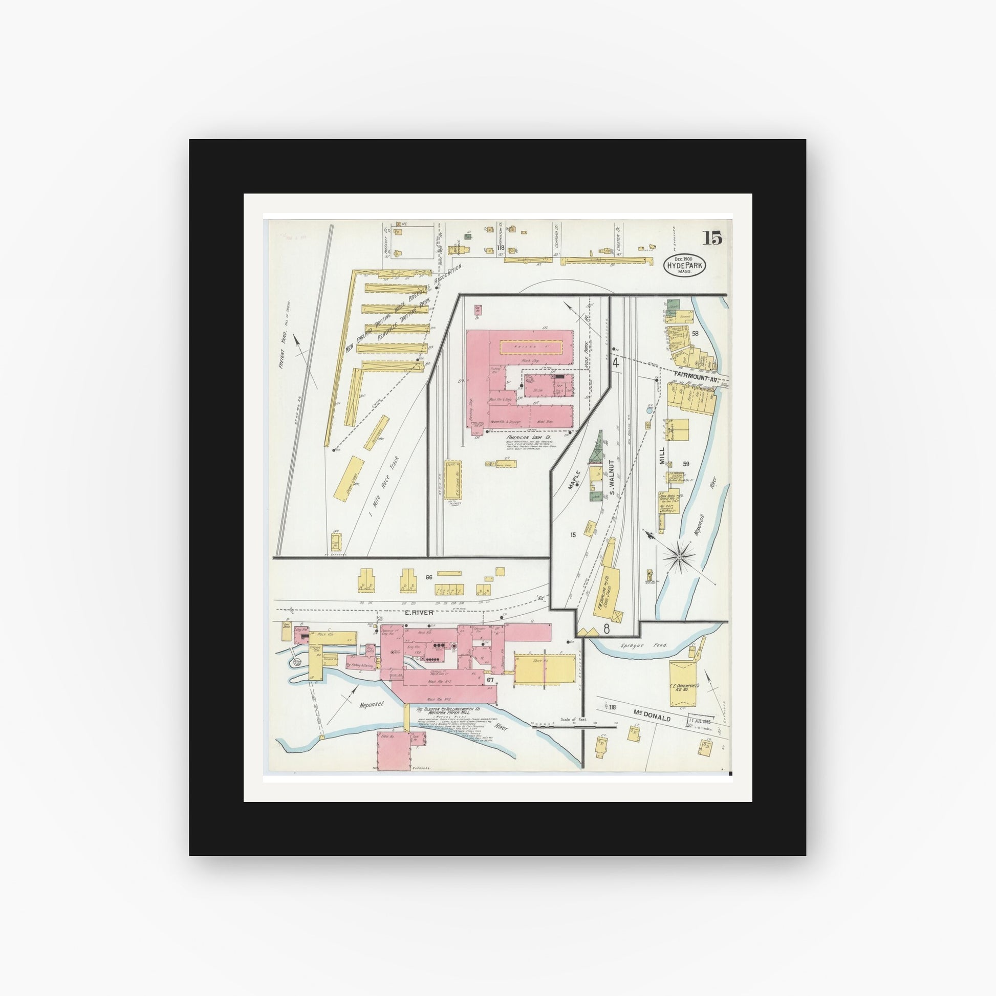 Old map wall art mockup — black gallery frame with white mat — Sanborn Fire Insurance Map from Hyde Park, Norfolk County, Massachusetts (1900), Sheet #0015