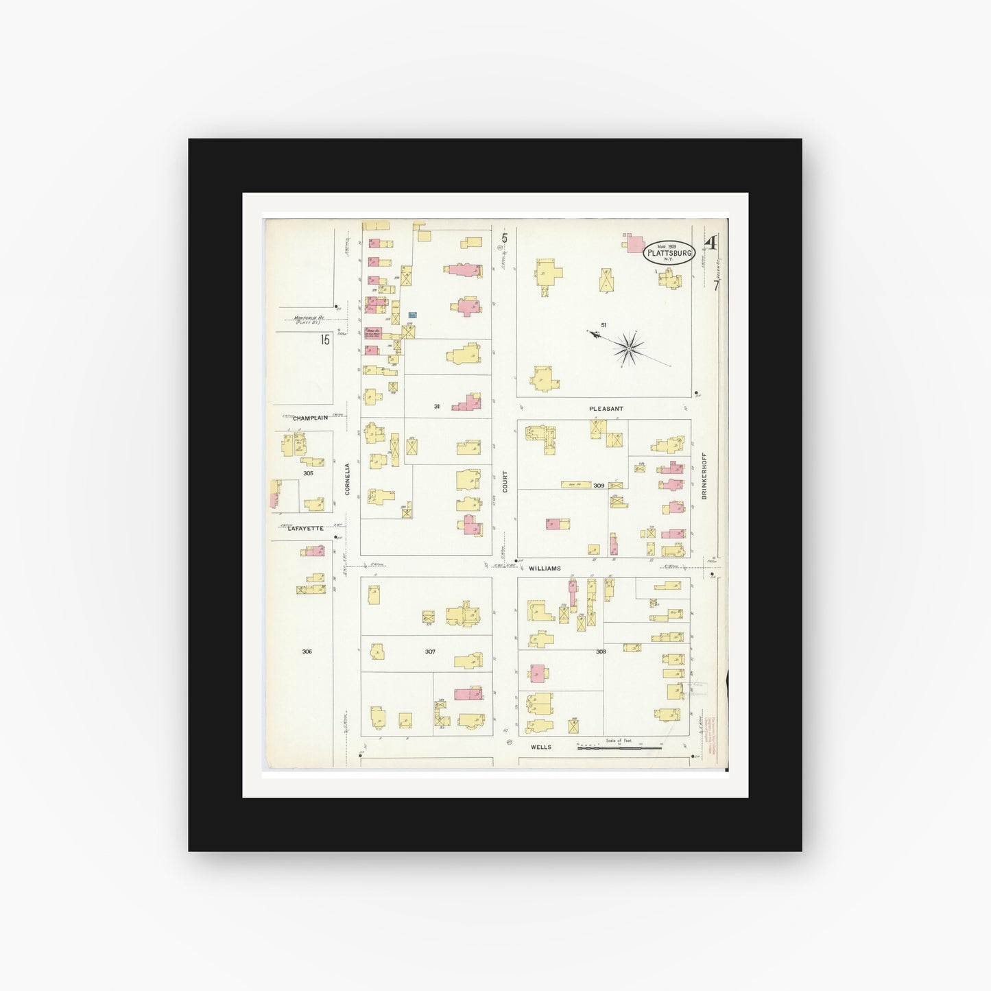 Old map wall art mockup — black gallery frame with white mat — Sanborn Fire Insurance Map from Plattsburg, Clinton County, New York (1909), Sheet #0003