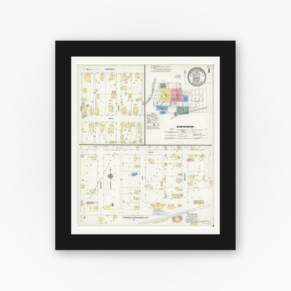 Old map wall art mockup — black gallery frame with white mat — Sanborn Fire Insurance Map from Hope, Bartholomew County, Indiana (1910), Sheet #0001